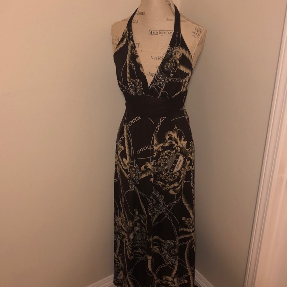 Brown Patterned Halter Dress